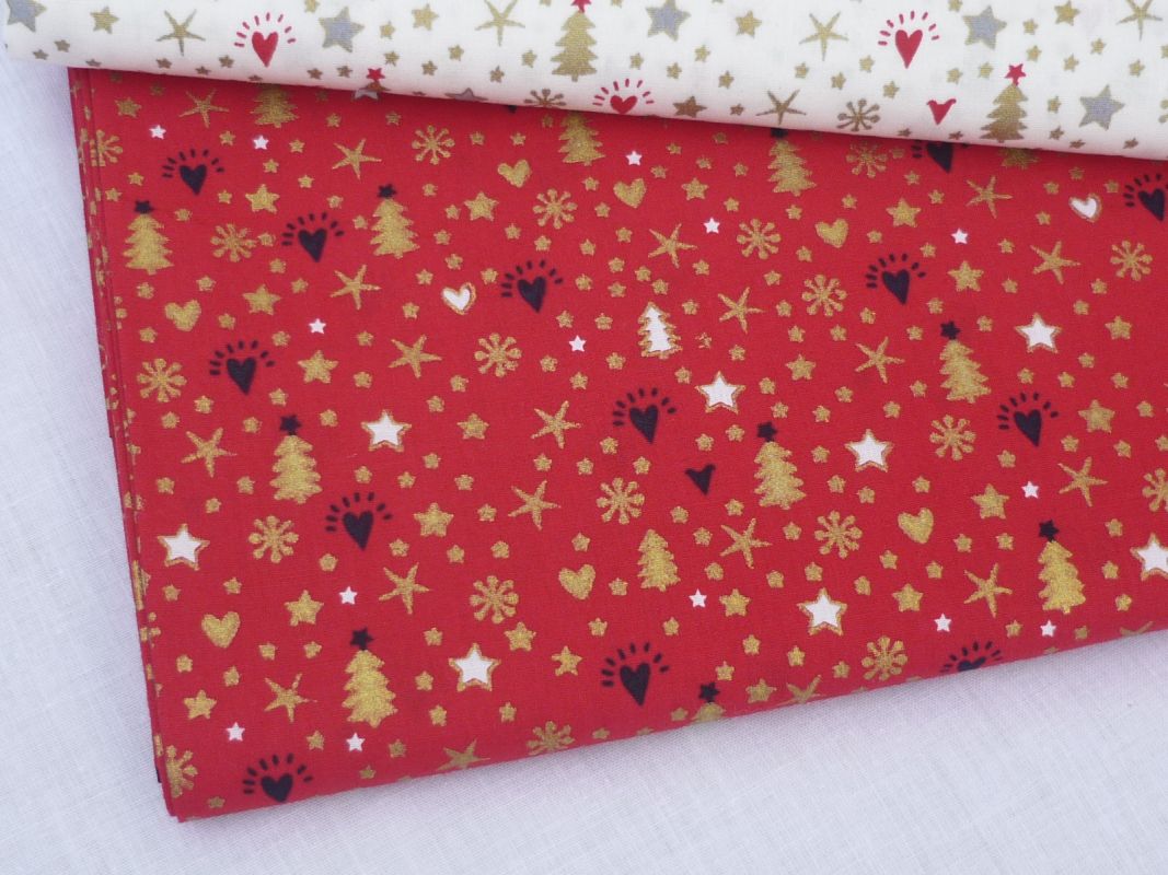 Plátno - vánoční stromky na červené (zlatotisk) dovoz EU