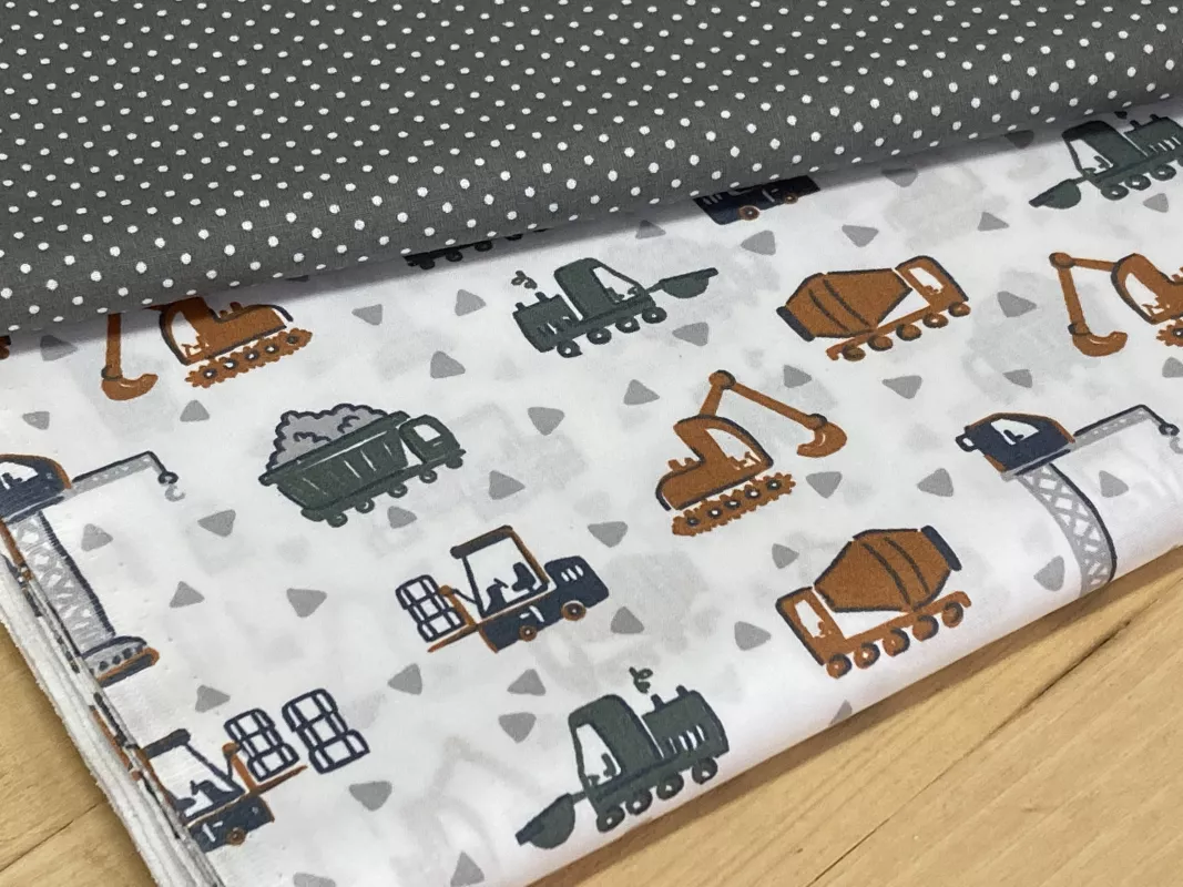 Bavlněný popelín - stavební stroje (130g) dovoz EU