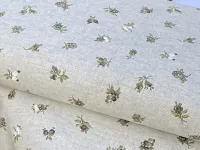 Dekorační látka- drobné hnědé růžičky na režné dovoz EU