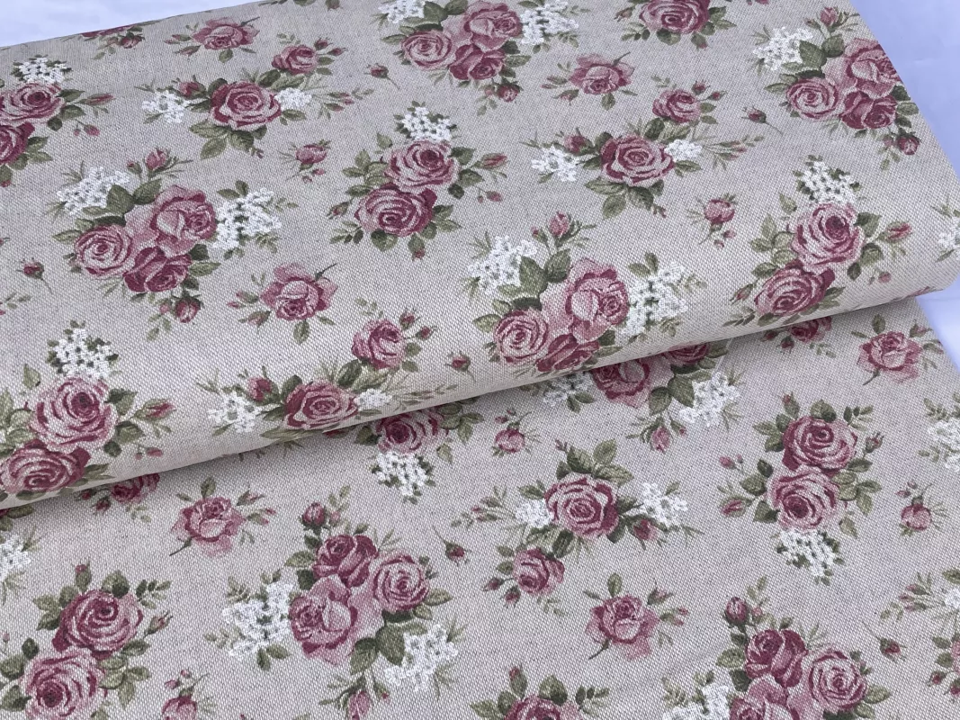 Dekorační látka- růžičky na režné dovoz EU