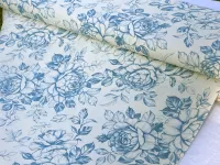 Dekorační látka-  velké modré růže na smetanové